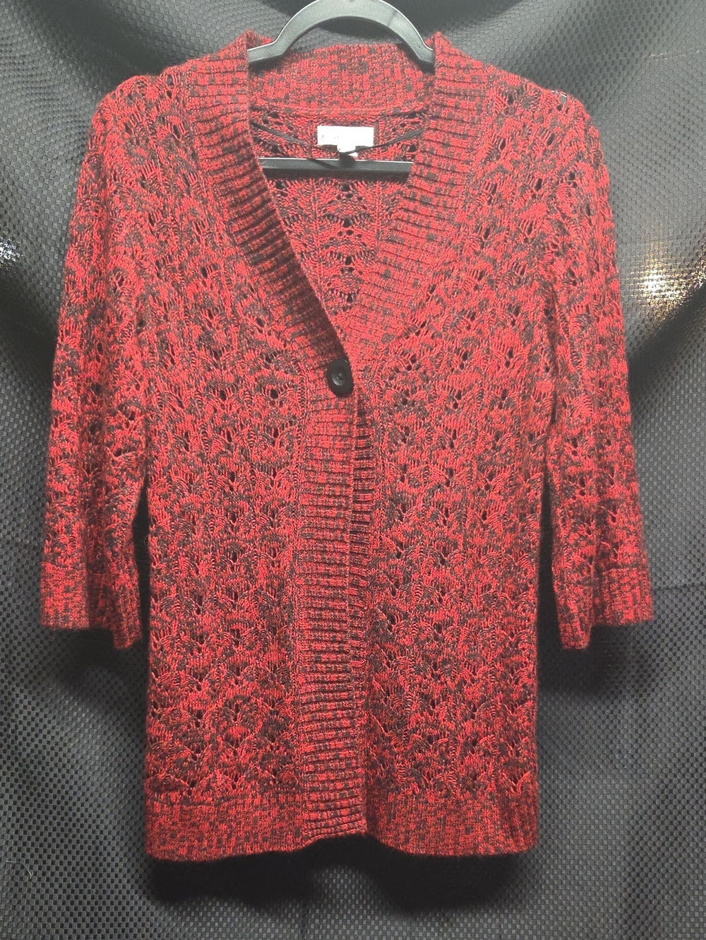 Kim Rogers Red Openwork Knit Cardigan with Single Button, Red And Black